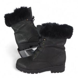 Sorel Lace-up Leather w/ Fur Trim Winter Boots Made in Canada Black Women's 8.5M